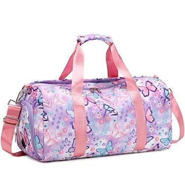Imagem de Bolsa esportiva para meninas e adolescentes e crianças, bolsa de ginástica com compartimentos para sapatos e roupas molhadas, bolsa de viagem para dança e natação, Borboleta roxa