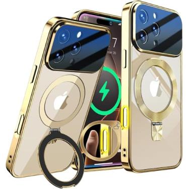 Imagem de [Proteção total da lente da câmera + anel de CD compatível com suporte MagSafe] Capa magnética para iPhone 16 Pro, proteção contra quedas de nível militar galvanizada, não amarela, capa transparente