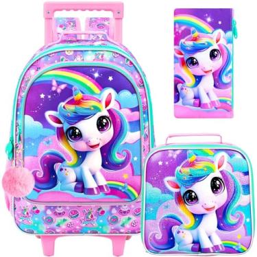 Imagem de HPJGD 3 unidades de mochila com rodinhas de unicórnio para meninas, mochilas escolares infantis com rodas, resistente à água, impressão UV, conjunto de mochilas com rodas, Mochila com rodinhas de
