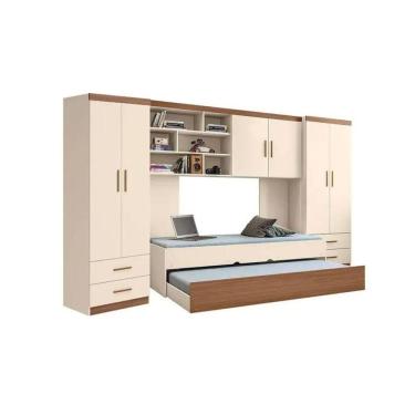 Imagem de Jogo de Quarto Chiara 5 Peças - Roupeiro 2 portas, Módulo Aéreo e Cama com Auxiliar - Off White Amadeirado - Phoenix Bab