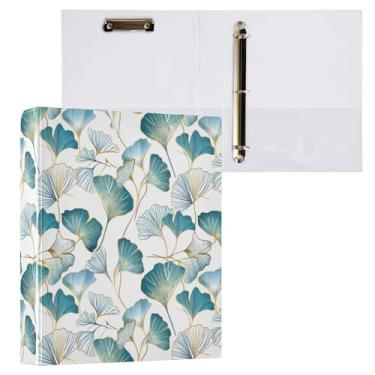 Imagem de Fichário de 3 anéis de folhas de ginkgo azul-petróleo dourado de 3,8 cm decorativo com prancheta e 3 bolsos transparentes, comporta 200 folhas de papel tamanho A4 fichários à prova d'água para escola,