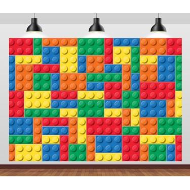 Imagem de CORFOTO Pano de fundo colorido para blocos de construção, 2,4 x 1,8 m, blocos de brinquedo coloridos, pano de fundo para festas de aniversário, chá de bebê, blocos de construção, decoração de festa