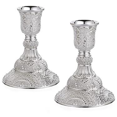 Imagem de OwnMy 2 peças de castiçais cônicos de latão conjunto de castiçais vintage de pilar de metal, 10 cm de altura, candelabro elegante para mesa de jantar, centro de mesa, decoração de casa, prata