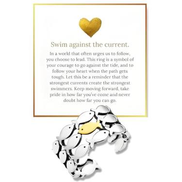 Imagem de LIU JUN Anel de natação contra a corrente, anel espiritual de incentivo de esperança inspiradora, anel ajustável de aço inoxidável para melhores amigas, mulheres, homens, joias presentes, Cobre, Sem