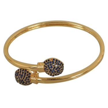 Imagem de Touchstone Pulseira feminina de safira azul sintética banhada a ouro com corte redondo, Latão, Sem Pedra Preciosa
