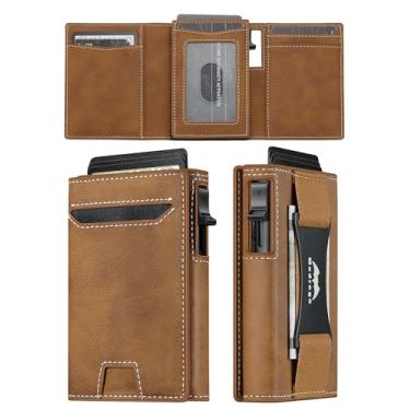 Imagem de Carteira masculina slim minimalista: carteira pop-up inteligente com alça para dinheiro - bolso frontal RFID com três dobras, porta-cartão de crédito - presente para homem marido no aniversário