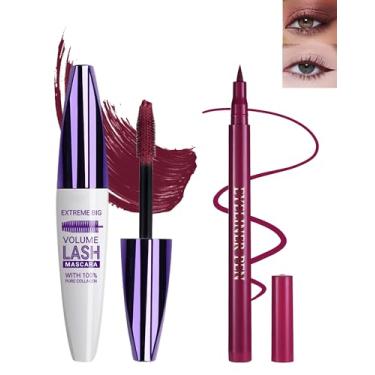 Imagem de Rímel e delineador à prova d'água bordô, extensão de cílios de fibra de seda 5D, tubo colorido, volume e comprimento, máscara colorida volumizante à prova de manchas de longa duração e conjunto de