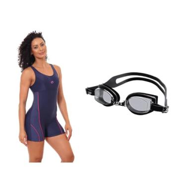 Imagem de Kit Macaquinho Hidroginástica + Óculos Natação Uv+ Antiembaçante (Marinho/Pink Óculos - Preto, M)