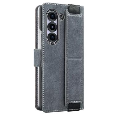 Imagem de HAO RIYLN Capa carteira para Samsung Galaxy Z Fold 6, capa de couro com fecho magnético com compartimentos para cartões, alça de pulso, capa à prova de choque, cinza, ZFOLD6