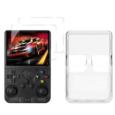 Imagem de TEHAOUU Capa TPU e 2 peças de filme temperado compatível com console de jogos R36S Capa transparente protetor de tela anti-arranhões resistência a impactos HD 9H acessórios de vidro temperado (branco