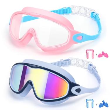 Imagem de EverSport Óculos de natação para crianças de 6 a 14 anos, pacote com 2 óculos de natação, visão clara, antirembaciamento, com cobertura de nariz, máscara de natação aquática para crianças, meninas,