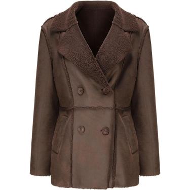 Imagem de Jaqueta De Camurça Falsa Para Mulheres De Couro Casaco Treh De Comprimento Médio Inverno Manga Longa Lapela Botão-down Outwear, Brown, 3XL(Bust:132cm)