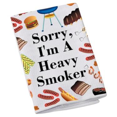 Imagem de LEVLO Panos de prato engraçados para defumador para papai Sorry I'm A Heavy Smoker Toalha de cozinha quintal churrasco carne defumada novo presente para casa (defumador pesado)