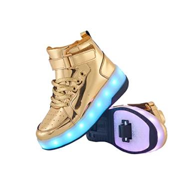 Imagem de PYYIQI Tênis leve de LED para skate com rodinhas para meninos e meninas, tênis para uso ao ar livre, para crianças, presente, Dourado, 20