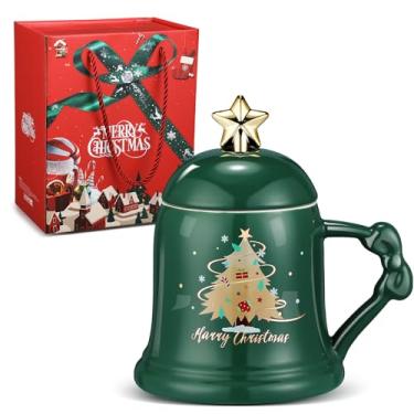 Imagem de Sliner Caneca de Natal de cerâmica para árvore de Natal com colher de estrela e tampa Copo de presente de Natal festivo para chocolate quente café gemada Feliz Natal, seguro para micro-ondas e
