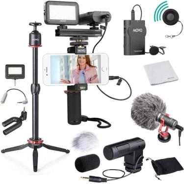 Imagem de Movo Huge Smartphone Video Kit V8 com Mini Tripé, Grip Rig, Mini Shotgun Sem Fio e Microfones Estéreo 360°, Luzes LED e Controle Remoto - para iPhone, Samsung - YouTube, TIK Tok, Equipamento de Vlog