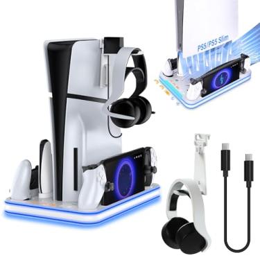 Imagem de Sehawei Suporte fino para PS5/PS5 e estação de resfriamento com iluminação RGB e ventilador de resfriamento de 3 níveis, base de carregamento para controle PS5 Edge e portal PS, controle remoto e