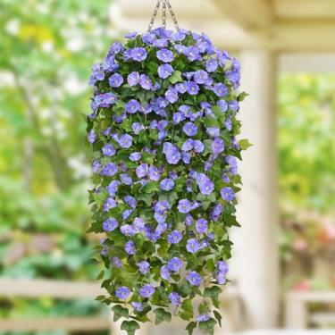 Imagem de Flores artificiais para pendurar ao ar livre, plantas artificiais resistentes aos raios UV, cestos pendurados com flores artificiais para plantadores, petúnias artificiais, decoração de varanda e