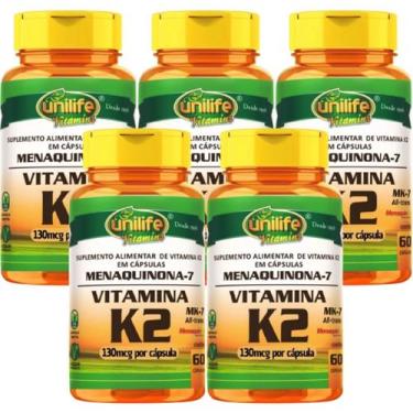 Imagem de Kit 5 Un Vitamina K2 Mk7 Menaquinona 300 Caps Vegano Unilife, Sem sabo