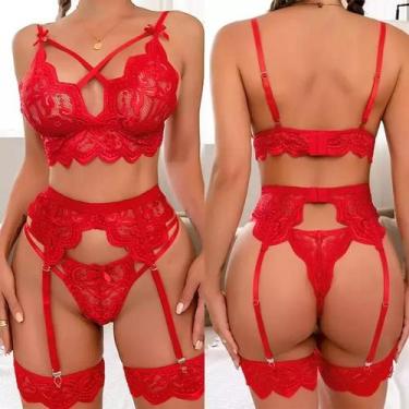 Imagem de Conjunto de Lingerie com Decote em V e Cinta-Liga ElaShopp, Vermelho, 