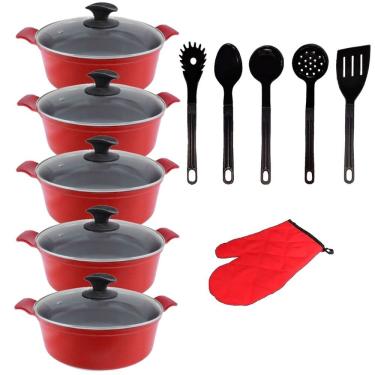 Imagem de Jogo Panelas Vermelho Cerâmica Com Talher Javali Aal 16a24cm