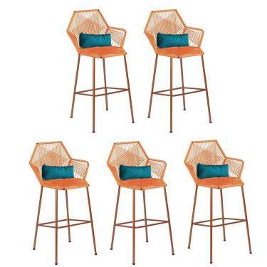Imagem de Kit 05 Banqueta Alta Sttar Ferro Bronze Fibra Laranja Almofada Suede Azul Turquesa