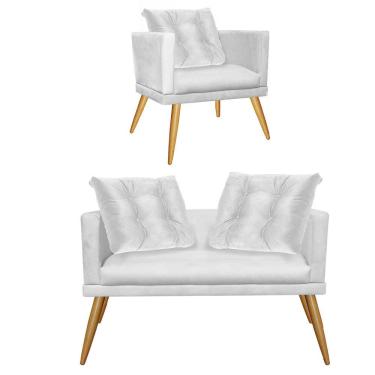 Imagem de Kit Poltrona E Namoradeira Sofá Kim Luxo Confort Com Almofada Solta Pé Rústico Corino Branco