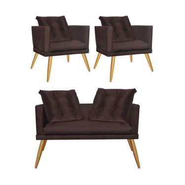 Imagem de Kit 02 Poltrona E Namoradeira Sofá Kim Luxo Confort Com Almofada Solta Pé Castanho Suede Marrom