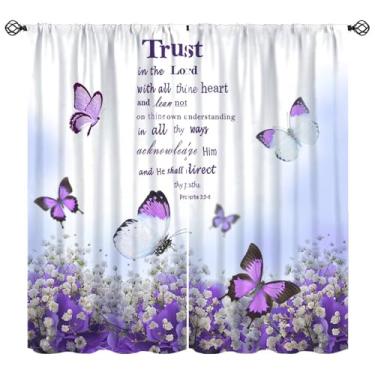 Imagem de Cortina bíblica cristã com flor roxa borboleta primavera botânica floral janela tratamentos versículo citações motivacionais positivas inspiradoras cortinas para quarto sala de estar L 106 x C 113 cm