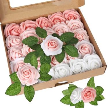 Imagem de Rsstarxi Pacote com 25 decorações de bolo de flores artificiais com caixa de espuma de flor rosa decoração de bolo para aniversário, casamento, aniversário, decoração de bolo, faça você mesmo, suco