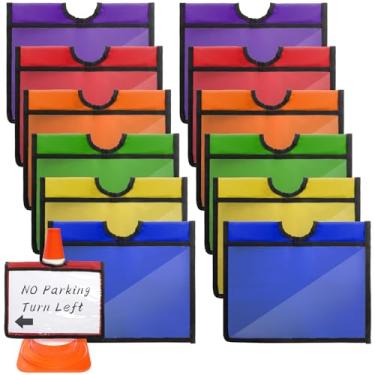 Imagem de Bekith Pacote com 12 capas de cone de trânsito com bolsos para cuidado, capas de cone de trânsito, manga de sinal de mensagem de segurança para aviso de atividade ao ar livre, treinamento esportivo