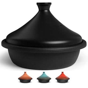 Imagem de KooK Tagine Marroquino, Panela de Ferro Fundido Esmaltado, Tajine com Tampa Fechada em Formato de Cone de Cerâmica, 3,3 Qt (Cerâmica Preta)