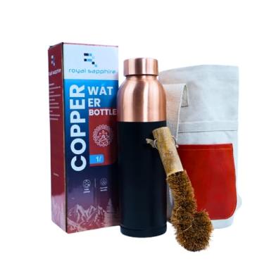 Imagem de ROYAL SAPPHIRE Garrafa de água de cobre mate simples, 946 ml, design ayurvédico com bolsa de lona e escova de limpeza, à prova de vazamento