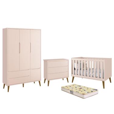 Imagem de Dormitório Infantil Theo Retrô 3 Portas, Cômoda, Berço com Pés Amadeirado e Colchão D18 - Reller Móveis Rosa Fosco