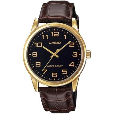 Imagem de Relógio de Pulso Masculino Marca Casio Casual Analógico Redondo Pulseira de Couro Dourado Preto Branco MTP-V001GL