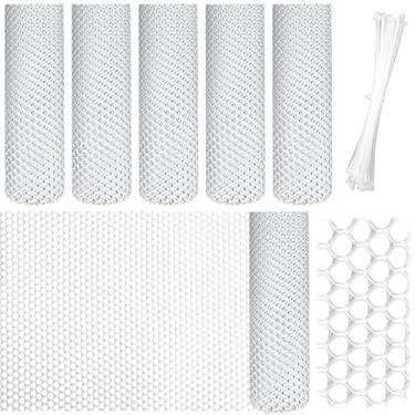Imagem de 6 rolos de plástico de malha de arame de galinha com laços de zíper, cerca hexagonal branca para aves, rede de pátio para gatos, proteção de varanda, cerca de malha de jardim, 39,9 cm x 3 m cada rolo