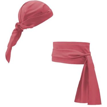 Imagem de KIPSSMLSE Conjunto de acessórios piratas: chapéu bandana pirata feminino e masculino, lenço de cabeça, cinto de faixa (vinho, 1 unidade)