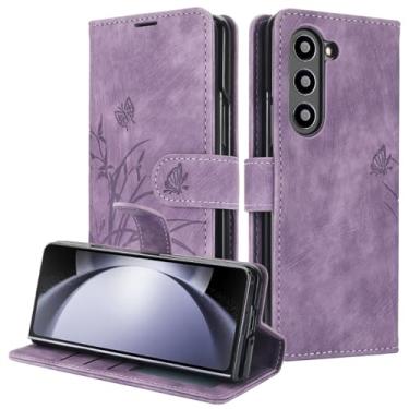 Imagem de MVVKKY Capa protetora para Galaxy Z Fold6 com alça de couro e porta-cartões (roxa)