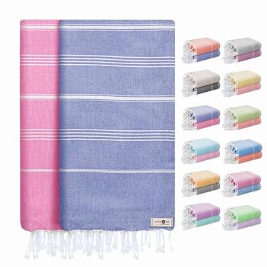 Imagem de Native Fab Pacote com 2 toalhas turcas, grandes 102 x 180 cm, macias, leves, algodão, secagem rápida, absorvente, sem areia, toalha multiuso para piscina, banho, viagens - azul índigo, rosa