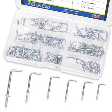 Imagem de GLARKS 120 peças 1,2 cm 5/20.3 cm 3/10.2 cm 7/20.3 cm 2.5 cm 3-1/10.2 cm conjunto de ganchos quadrados quadrados variados, ganchos quadrados de ombro para cômoda, parafusos auto-roscantes em L para