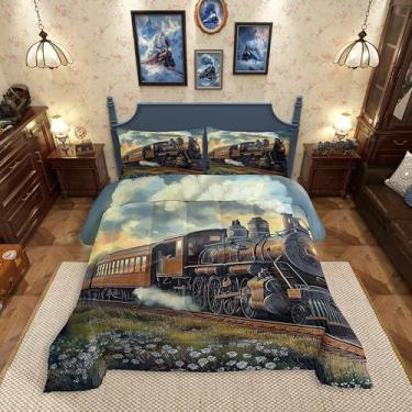 Imagem de Erosebridal Conjunto de cama king com trem vintage, trem a vapor e ferrovia para crianças, adultos, trens de transporte, edredom rústico, 3 peças, decoração de quarto