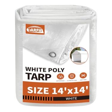 Imagem de TARPAL Lona branca impermeável de 14'x14' 7,5 mil cobertura de lona de poliéster multiuso para uso médio, à prova d'água, proteção UV à prova de neve, à prova de rasgos e rasgos, lona de poliéster