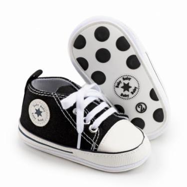 Imagem de KIDSUN Tênis unissex de cano alto para bebês meninos e meninas sola antiderrapante para recém-nascidos primeiros passos sapatos jeans de lona, A01 - Sola de borracha preta, 6-12 Meses