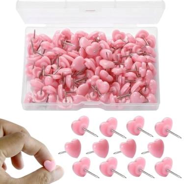 Imagem de 100 peças de pinos rosa tachas de polegar - alfinetes de coração para quadro de cortiça, tachinhas de cabeça chata de plástico fofas (rosa)