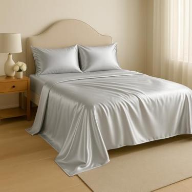Imagem de Lençol Cetim 4 Peças Com Tecnologia Anti-Frizz Casal Padrão Queen King Size Elasticado Bilho Ativo (Prata, Casal Padrão)