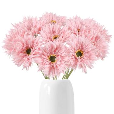 Imagem de Fqueelvys Flores artificiais Gerbera Daisy 12 peças de flores de seda falsa rosa buquê de margaridas falsas com hastes para buquê de casamento, festa em casa, jardim, decoração ao ar livre (rosa)