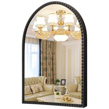 Imagem de HLFMVWE Espelho de parede de arco grande, espelho arqueado para banheiro, moldura vintage com contas de metal espelhos decorativos para quarto destaque sala de estar vaidade entrada