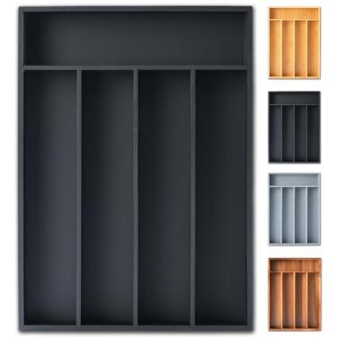 Imagem de Organizador de talheres, organizador de utensílios de 25 cm, organizador de gaveta de cozinha, suporte de talheres de bambu, bandeja organizadora de talheres em gaveta (5 compartimentos, preto)