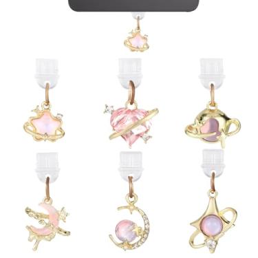 Imagem de 6un Conjunto Pendentes Ficha Pó Y2K Compatível com Kindle Telefone e Dispositivos Eletrónicos Porta Carregador Tipo-C/USB-C, 6 Estilos Pendentes Ficha Pó Lua Estrela Planeta