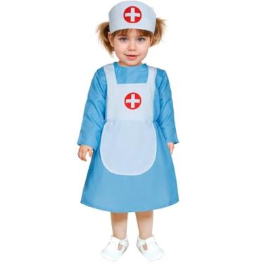 Imagem de Fantasia de Bebê pra Menina Roupa de Enfermeira Classica com Touca Vestido Azul Claro Avental e Touca Branca Com Cruz Vermelha (G 18-24 Meses)